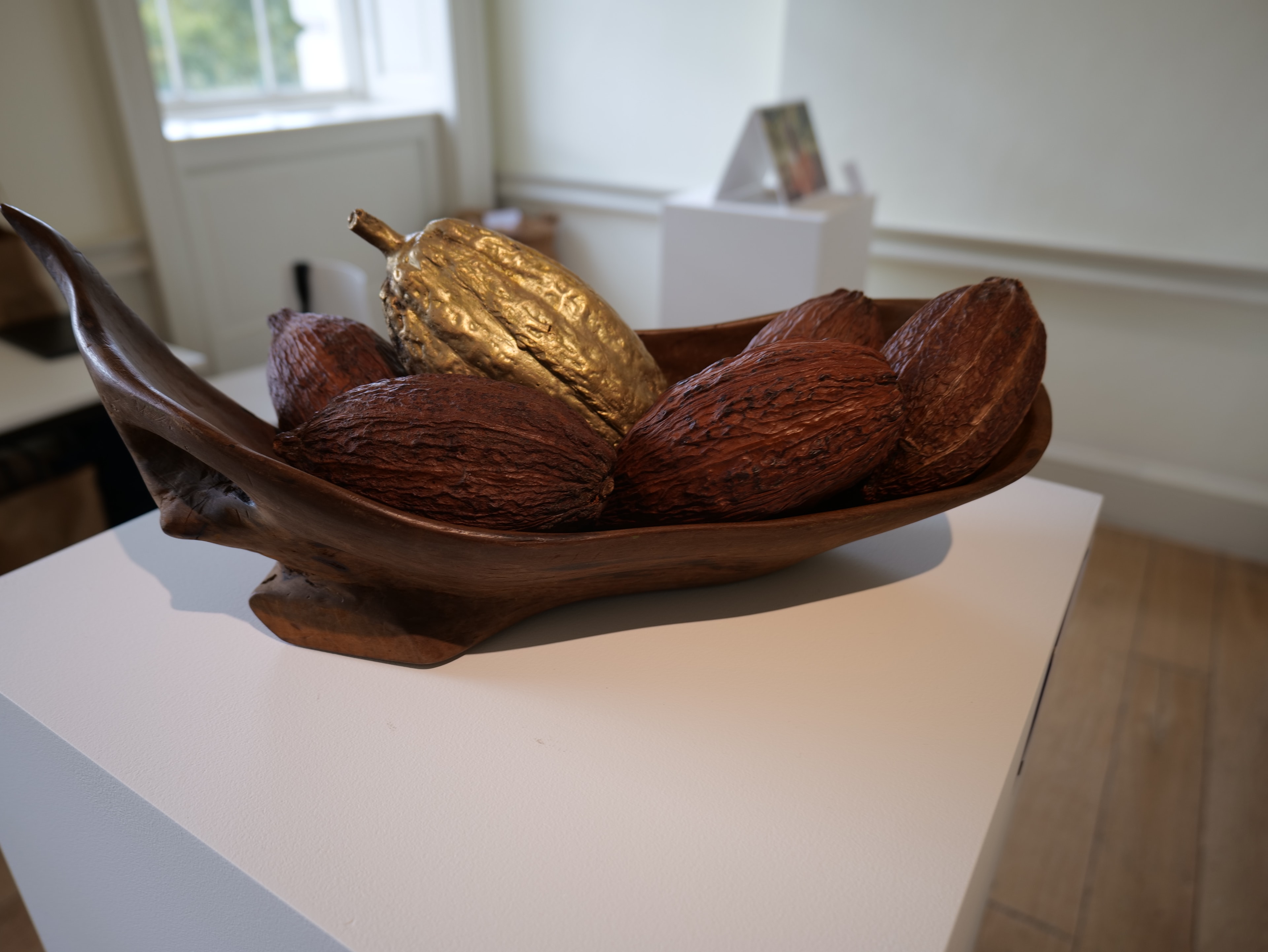 A brass cocoa pod displayed among cocoa pods in a wooden bowl